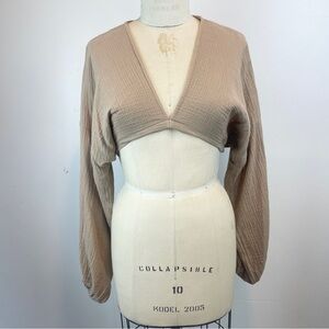 Boheme Goods The Low Top Tan Cotton Gauze Balloon Sleeve Cropped Crop Blouse